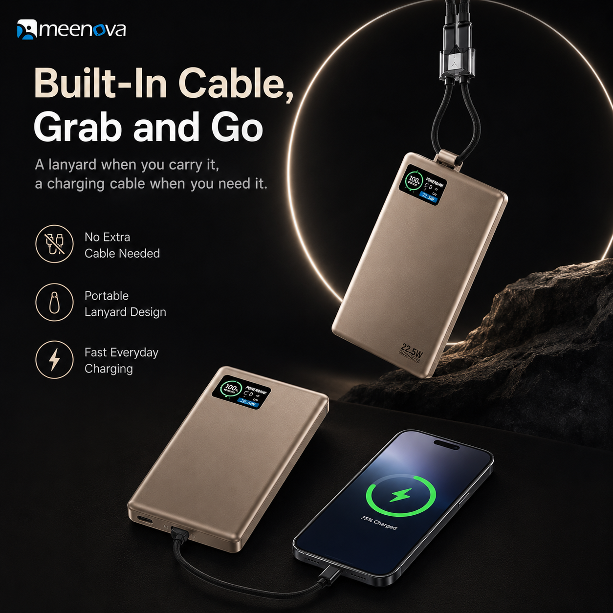 Meenova HDL-007 Ultra-Slim Magnetic Power Bank with Built-in USB-C Lanyard Cable, 15W Wireless Charging, 20W PD & TFT Display