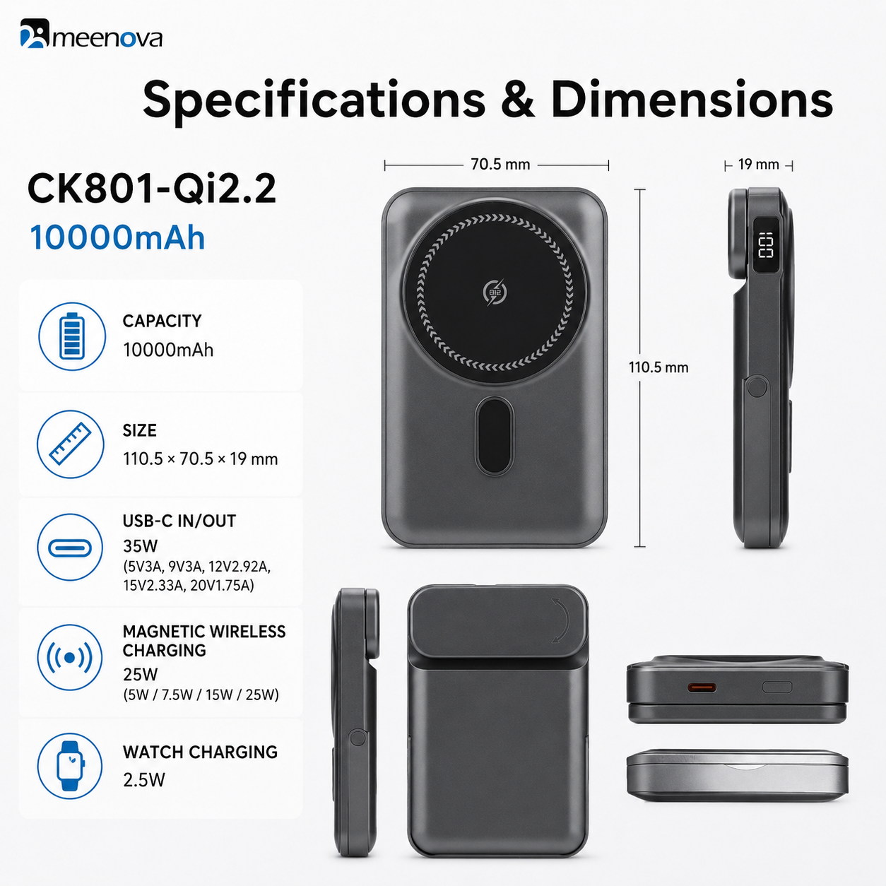 Meenova CK801 Qi2.2 25W Magnetic Wireless Power Bank 10000mAh with 35W USB-C Fast Charging, Apple Watch Charger & Foldable Stand