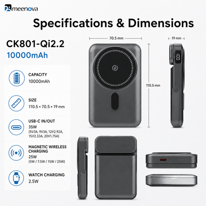 Meenova CK801 Qi2.2 25W Magnetic Wireless Power Bank 10000mAh with 35W USB-C Fast Charging, Apple Watch Charger & Foldable Stand