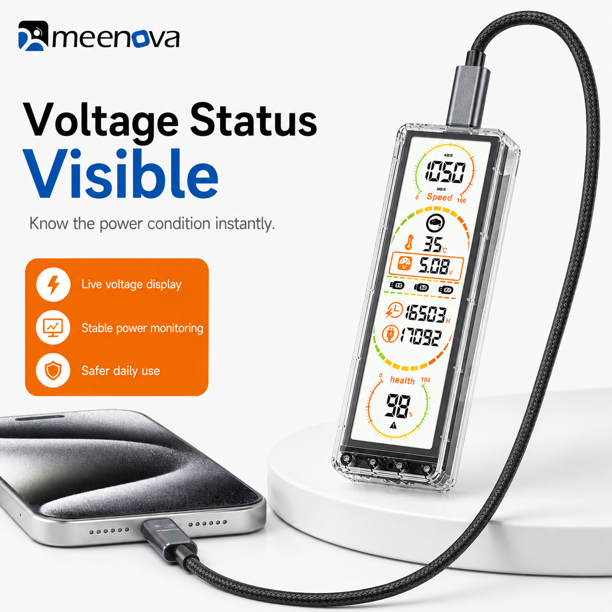 Meenova HS10G-3 Smart Display M.2 SSD Enclosure – 10Gbps USB-C NVMe/SATA SSD Case with Real-Time Drive Monitoring