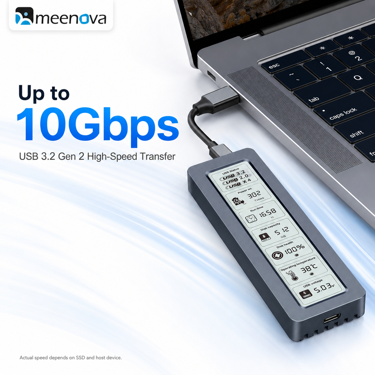 Meenova Smart M.2 NVMe/SATA SSD Enclosure with Display, USB 3.2 Gen 2 10Gbps