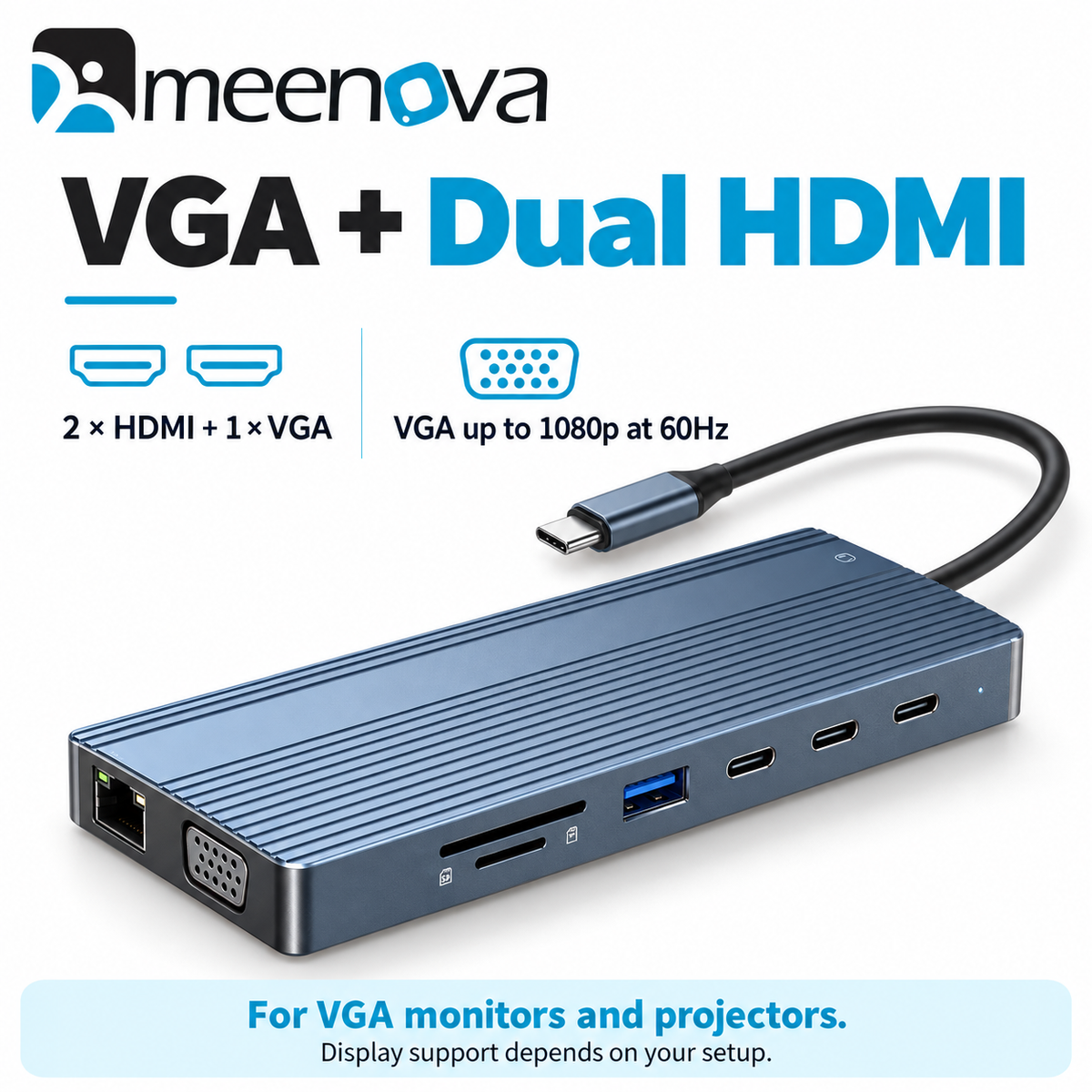 Meenova 14-in-1 USB-C Docking Station with Dual HDMI, 10Gbps USB & Gigabit Ethernet