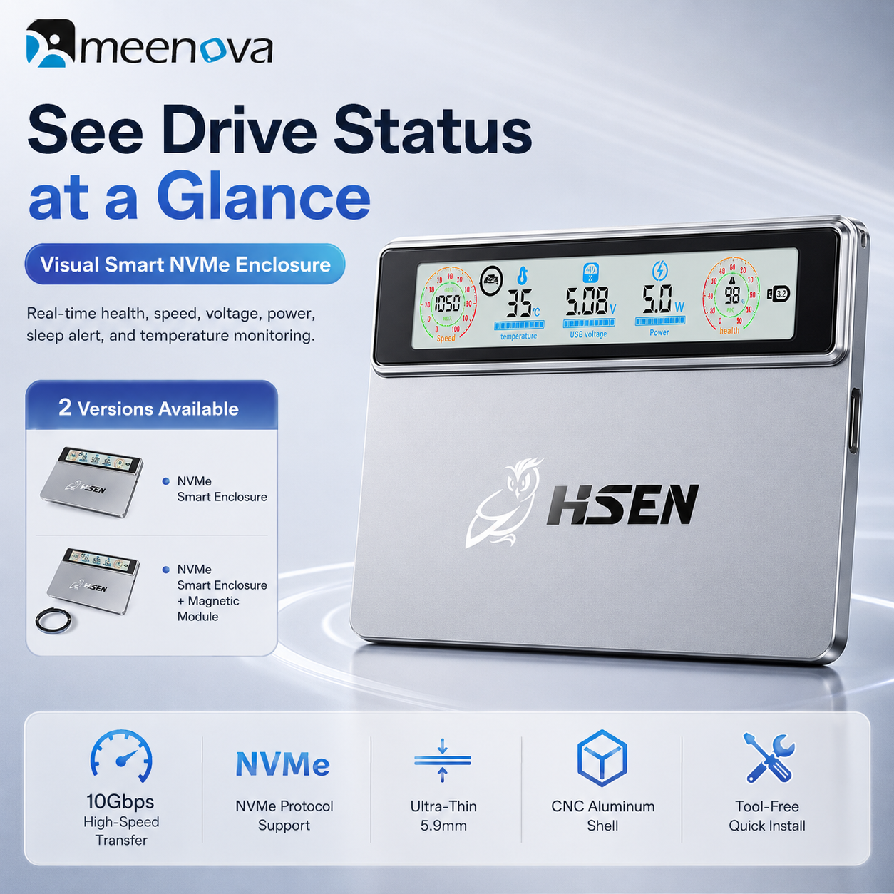 Meenova Smart Display M.2 NVMe SSD Enclosure, USB 3.2 Gen 2 10Gbps, Real-Time Speed, Health & Temperature Monitor, CNC Aluminum, 2230/2242/2260/2280