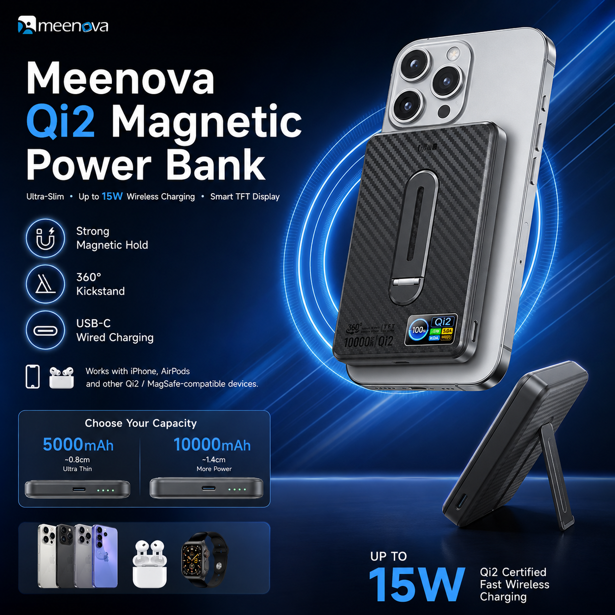 Meenova Qi2 15W Magnetic Wireless Power Bank with TFT Display & 360° Kickstand –  10000mAh