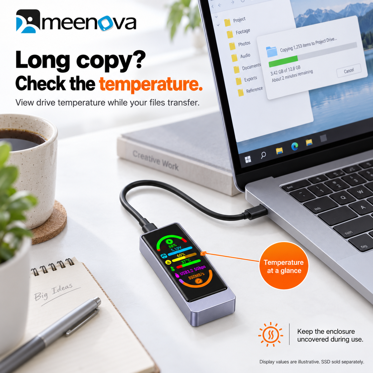 Meenova Smart Color Display M.2 SSD Enclosure, USB 3.2 Gen 2 10Gbps, NVMe/SATA, Real-Time Drive Health & Speed Monitor, Touch Encryption Options