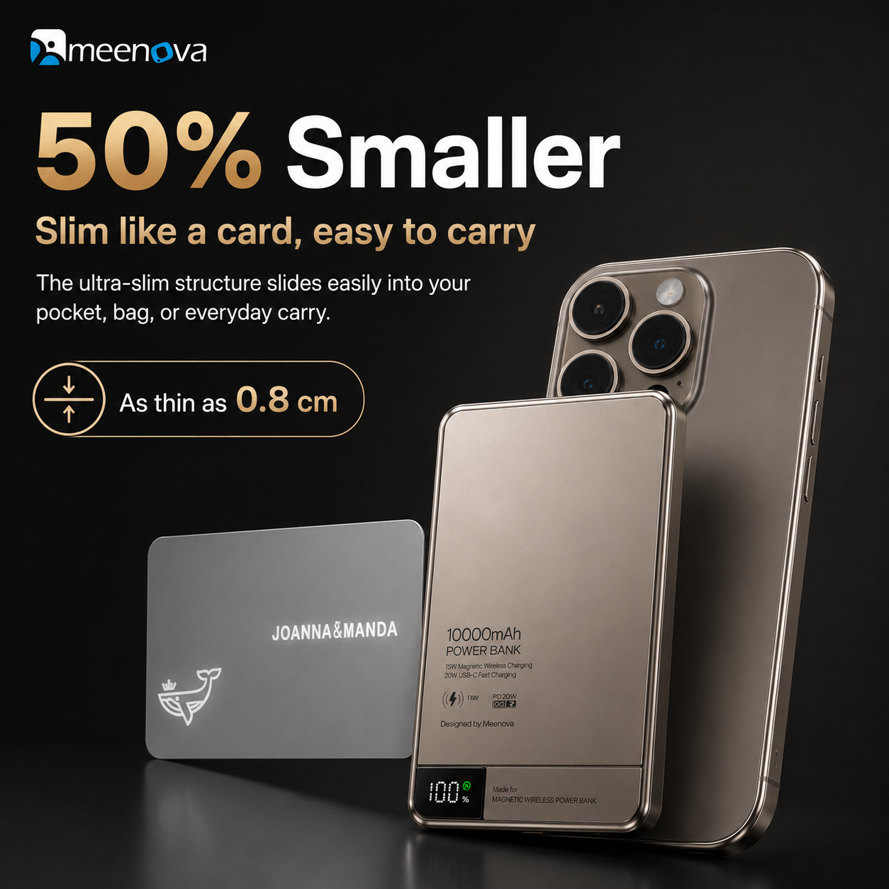 Meenova Ultra-Slim Magnetic Power Bank 5000mAh/10000mAh, 15W Wireless & 20W USB-C PD Fast Charging, Aluminum Alloy Portable Battery Pack