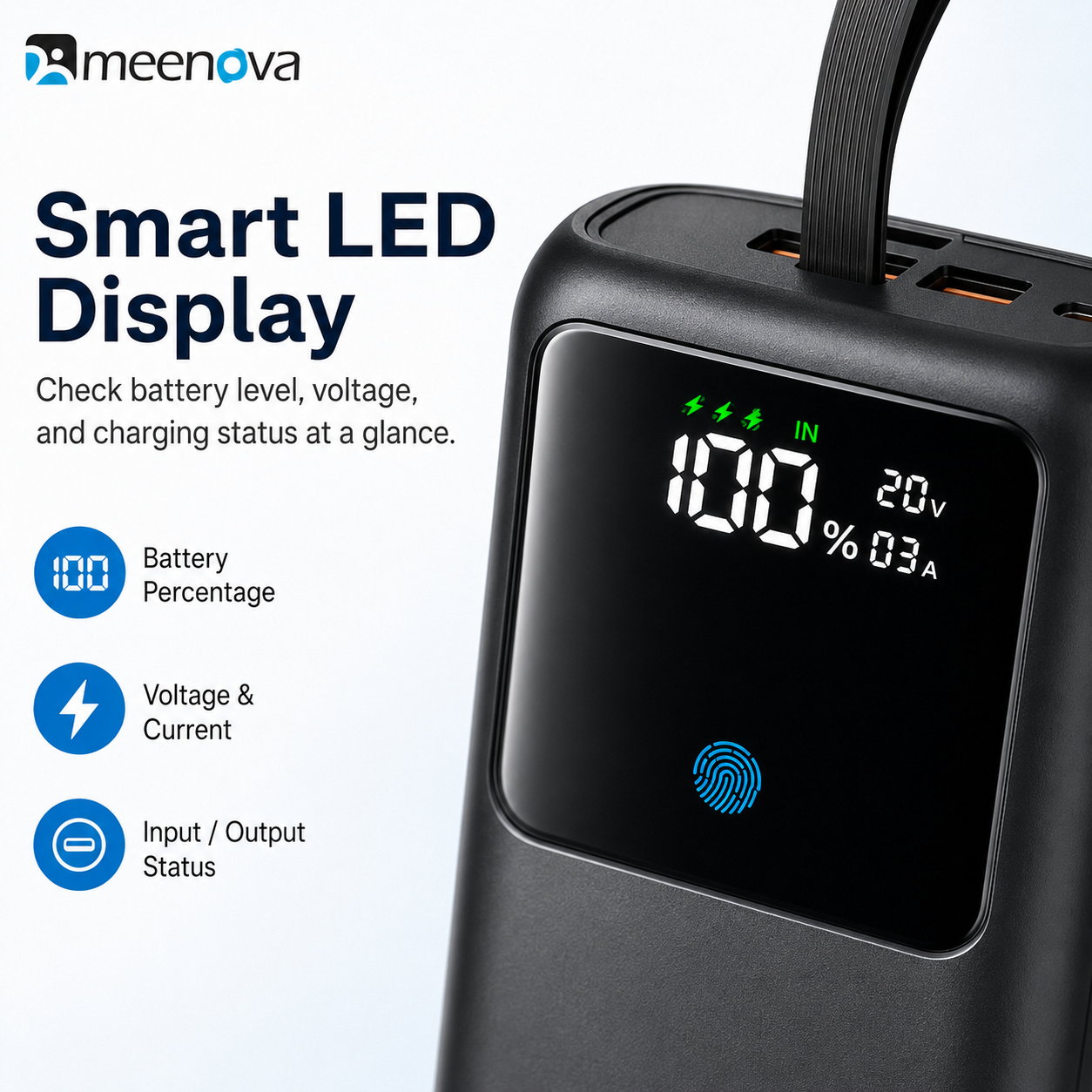Meenova 65W 24000mAh Laptop Power Bank with Built-in USB-C Cable, PD Fast Charging, 2 USB-A Ports & Smart Digital Display