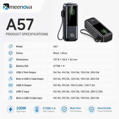 Meenova 20,000mAh 100W Travel Power Bank – Flight, Train & Subway Friendly, Compatible with iPhone 18 Pro Max, iPhone Duo, Apple & Samsung, Built-In Cable, Battery Display, PD/QC/PPS/SCP/FCP, USB-C & USB-A Charging for MacBook and iPad
