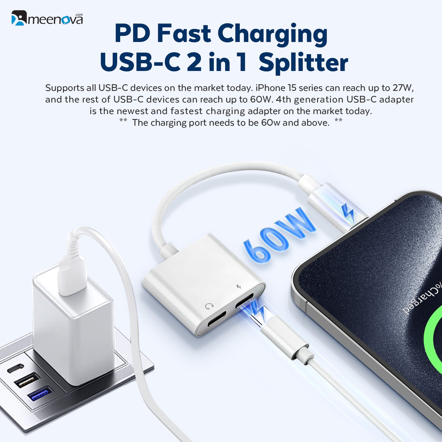 USB-C Splitter 1 in 2 Out for USB C Headphones and Charging 60W, Dual Type C Headphone Adapter for iPhone 15 16 iPad Samsung S24 Tab S
