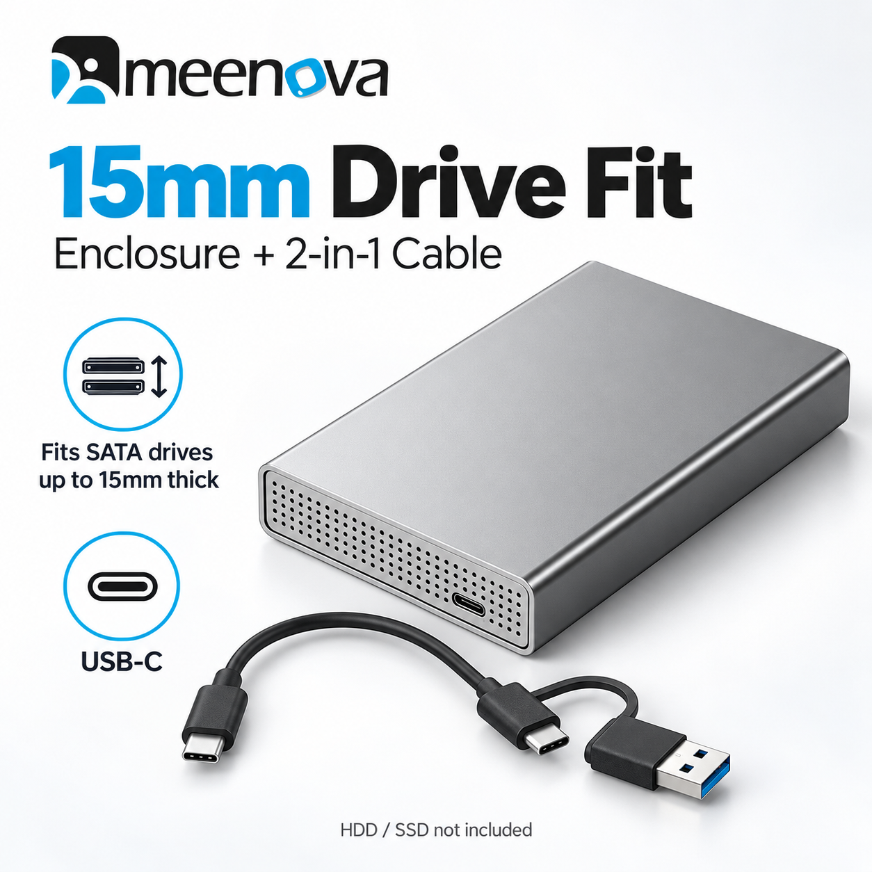 Meenova 2.5-Inch SATA HDD/SSD Enclosure, USB-C 5Gbps Aluminum Case with 2-in-1 Cable