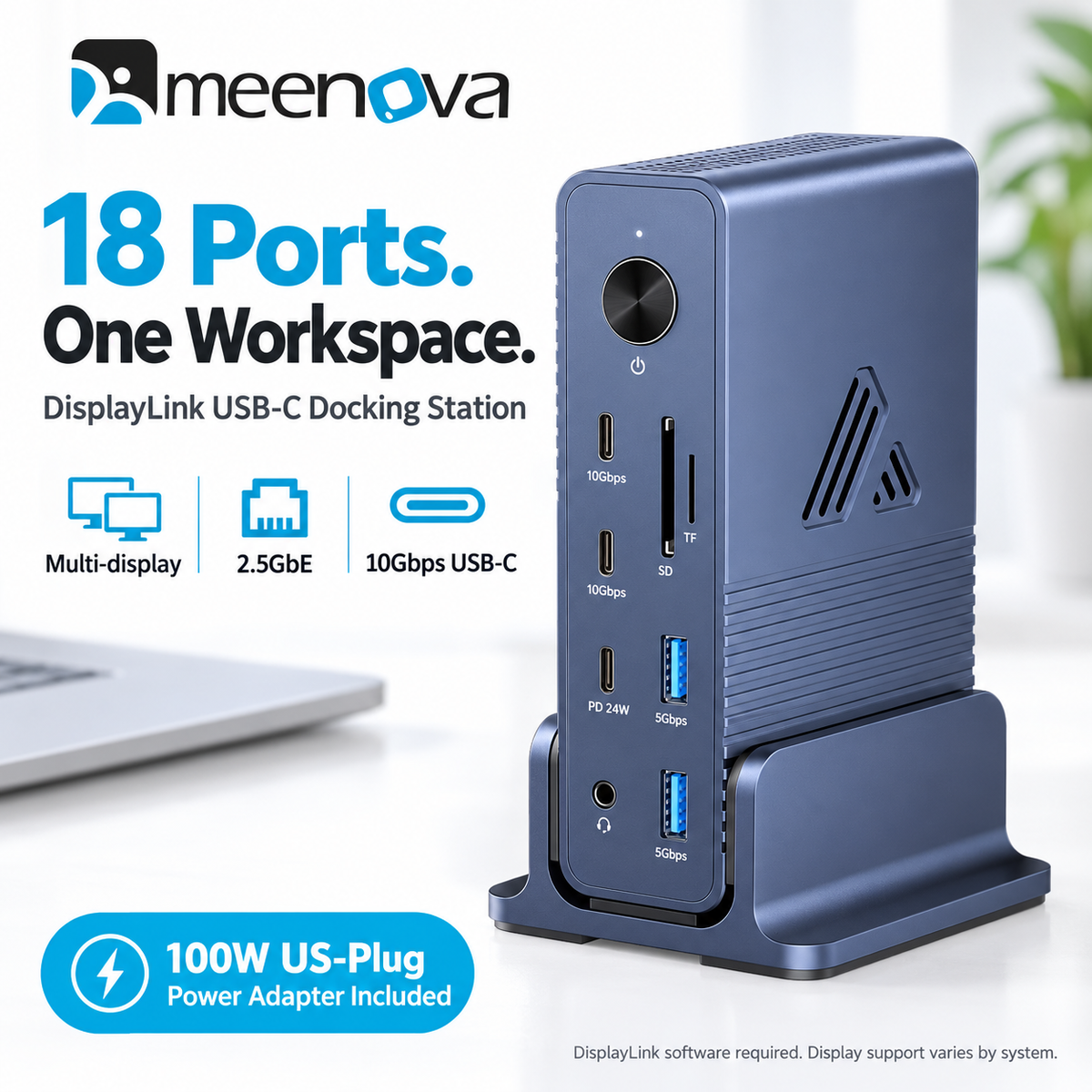Meenova 18-in-1 DisplayLink USB-C Docking Station, 2.5GbE & 10Gbps USB, with 100W US-Plug Adapter