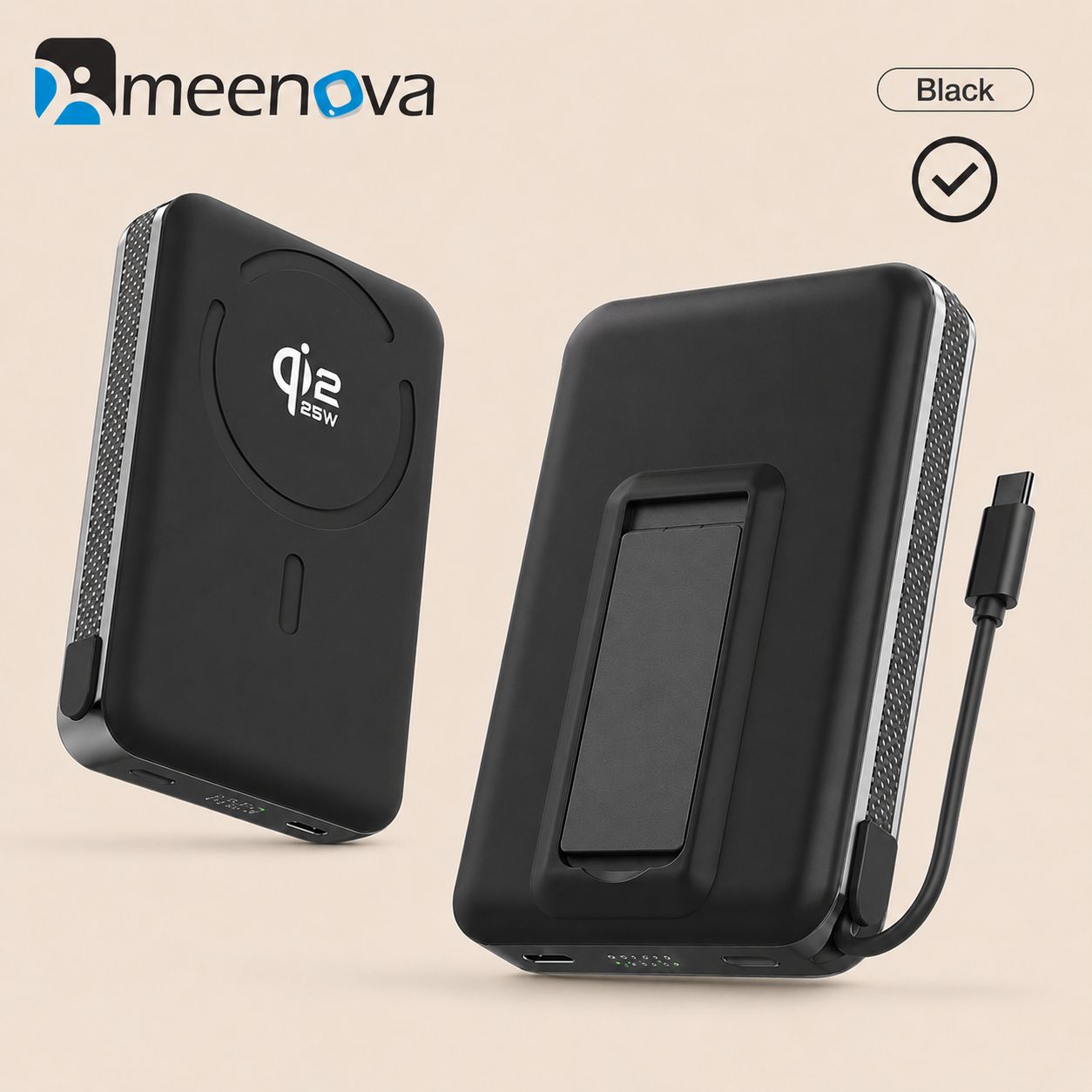 Meenova Qi2.2 25W Magnetic Power Bank 10000mAh with 35W PD Fast Charging, Detachable USB-C Cable & Kickstand