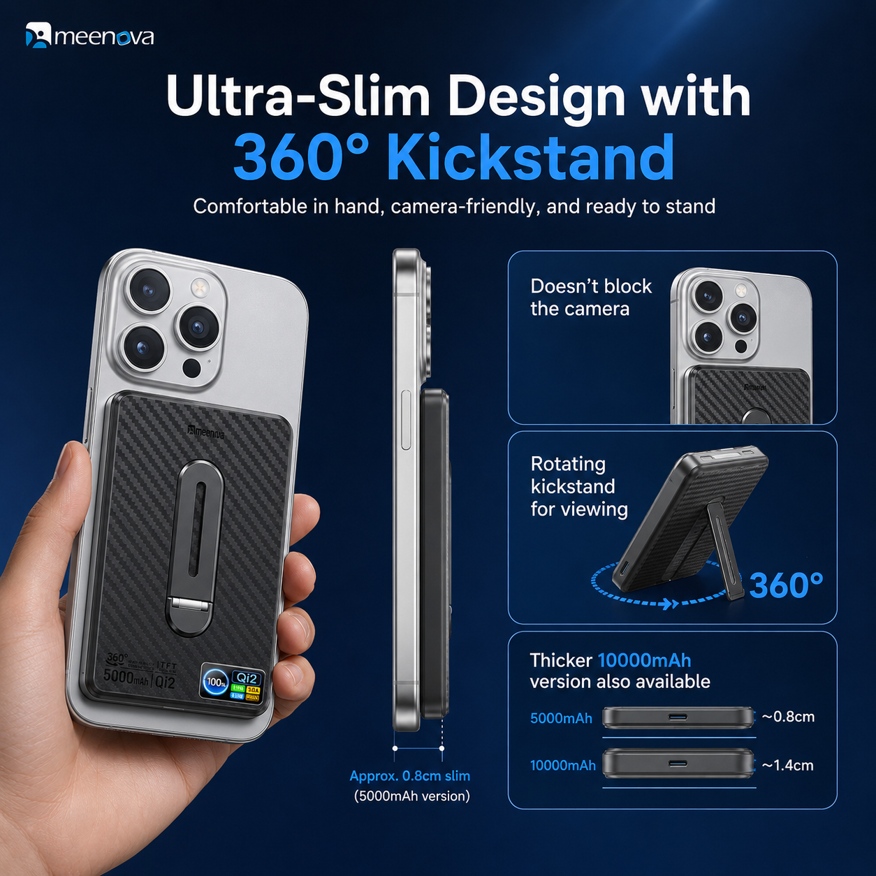 Meenova Qi2 15W Magnetic Wireless Power Bank with TFT Display & 360° Kickstand –  10000mAh