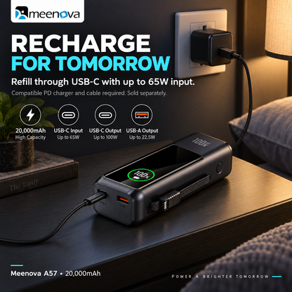 Meenova 20,000mAh 100W Travel Power Bank – Flight, Train & Subway Friendly, Compatible with iPhone 18 Pro Max, iPhone Duo, Apple & Samsung, Built-In Cable, Battery Display, PD/QC/PPS/SCP/FCP, USB-C & USB-A Charging for MacBook and iPad