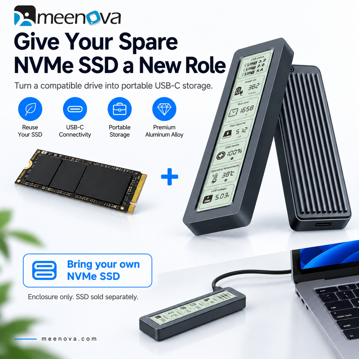 Meenova 10Gbps Smart Display NVMe M.2 SSD Enclosure – USB 3.2 Gen 2, UASP & TRIM, Aluminum Cooling, 2230/2242/2260/2280