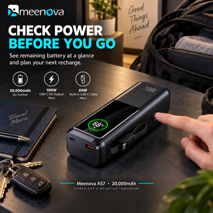 Meenova 20,000mAh 100W Travel Power Bank – Flight, Train & Subway Friendly, Compatible with iPhone 18 Pro Max, iPhone Duo, Apple & Samsung, Built-In Cable, Battery Display, PD/QC/PPS/SCP/FCP, USB-C & USB-A Charging for MacBook and iPad