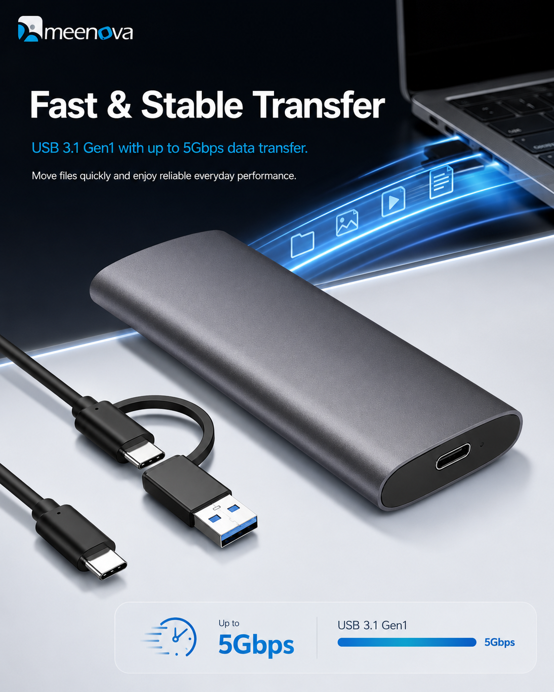 Meenova Tool-Free USB-C M.2 SSD Enclosure – Aluminum External Case for NGFF SATA or NVMe SSD