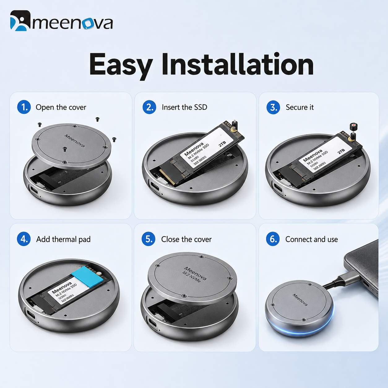 Meenova M.2 NVMe Magnetic SSD Enclosure – 10Gbps USB-C, 2230/2242 SSD, Up to 2TB