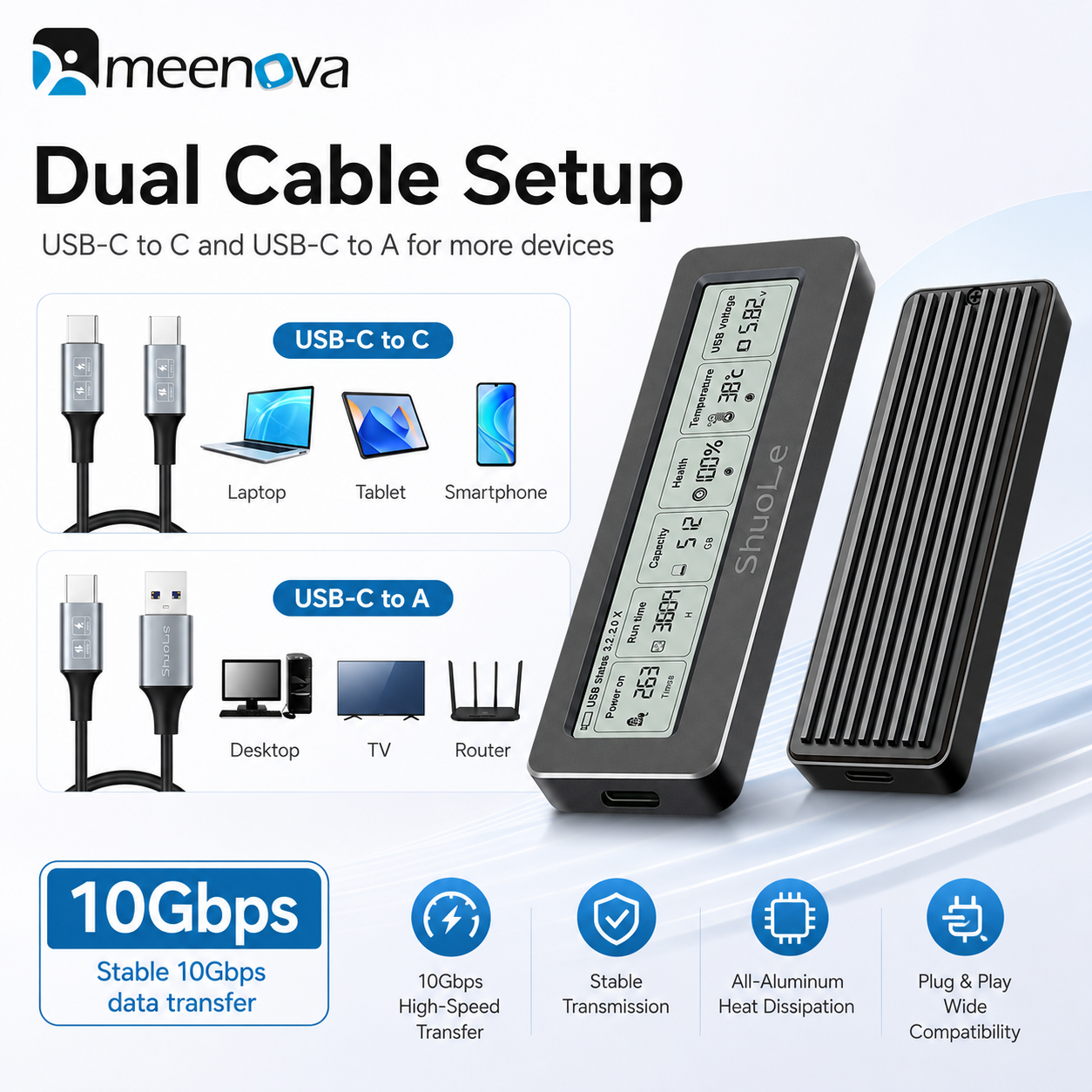 Meenova Smart Display M.2 NVMe SSD Enclosure, USB 3.2 Gen 2 10Gbps, All-Aluminum, M-Key & B+M Key, 2230/2242/2260/2280, Up to 8TB