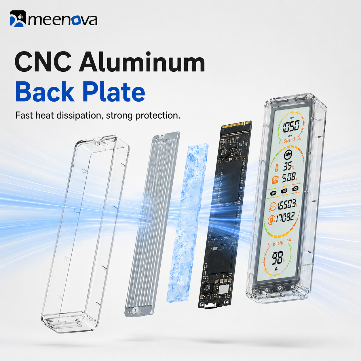 Meenova HS10G-3 Smart Display M.2 SSD Enclosure – 10Gbps USB-C NVMe/SATA SSD Case with Real-Time Drive Monitoring
