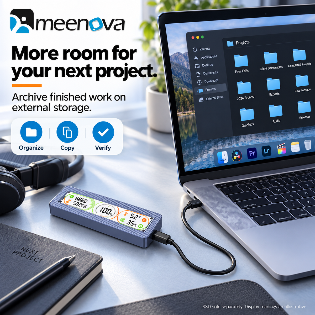 Meenova Smart Display M.2 SSD Enclosure – 10Gbps USB 3.2 Gen 2, Real-Time Health, Speed, Temperature & Voltage Monitor, NVMe / NVMe SATA