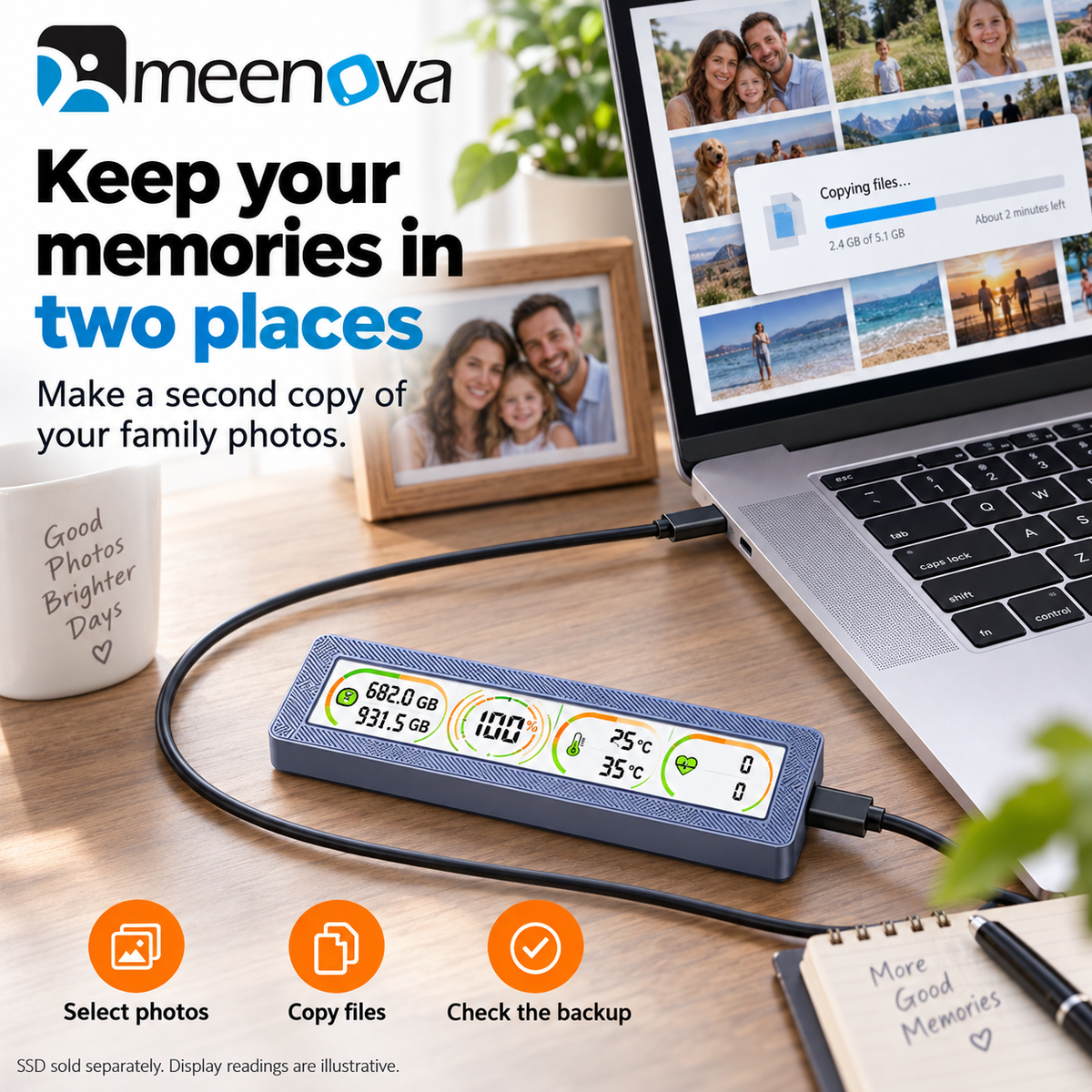 Meenova Smart Display M.2 SSD Enclosure – 10Gbps USB 3.2 Gen 2, Real-Time Health, Speed, Temperature & Voltage Monitor, NVMe / NVMe SATA