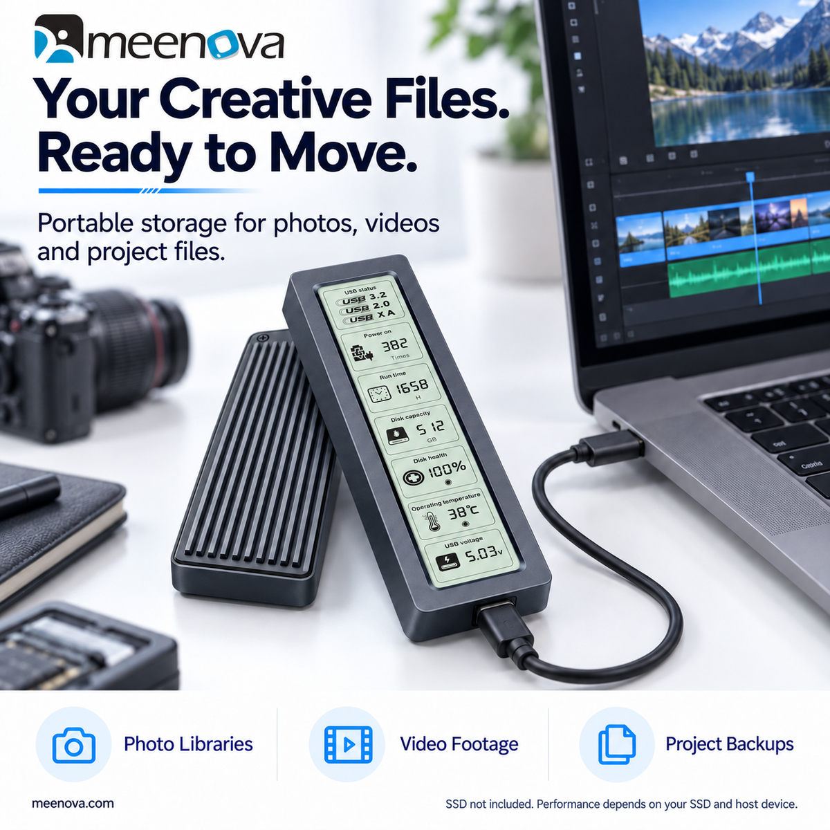 Meenova 10Gbps Smart Display NVMe M.2 SSD Enclosure – USB 3.2 Gen 2, UASP & TRIM, Aluminum Cooling, 2230/2242/2260/2280