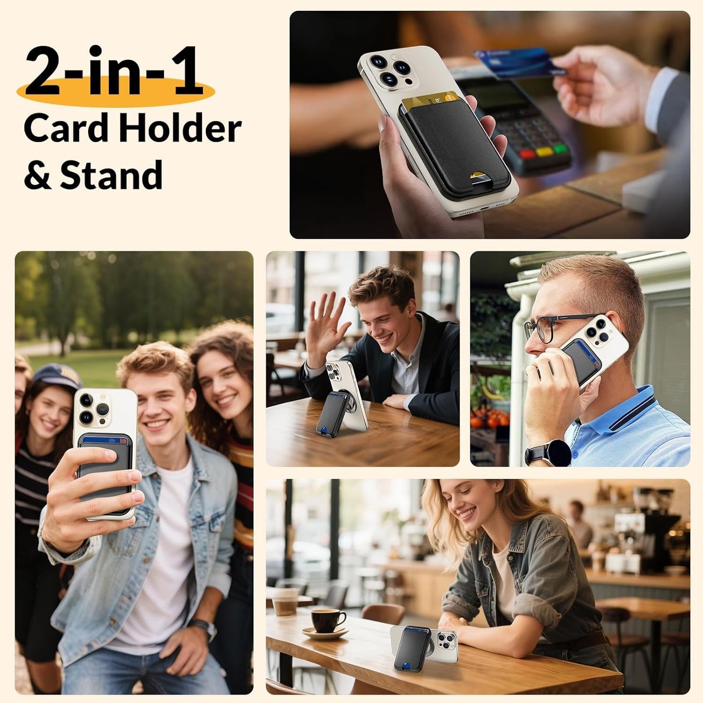 Stronger Magnetic Phone Wallet Card Holder with Adjustable Stand, MagSafe Compatible Minimalist Leather Wallet for iPhone 17/16/15/14/13/12 Pro/Pro Max, Black