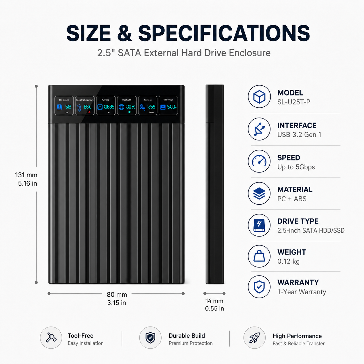 Meenova 2.5-Inch Smart SATA HDD/SSD Enclosure with Digital Drive Monitor, USB 3.2 Gen 1 5Gbps, Up to 4TB