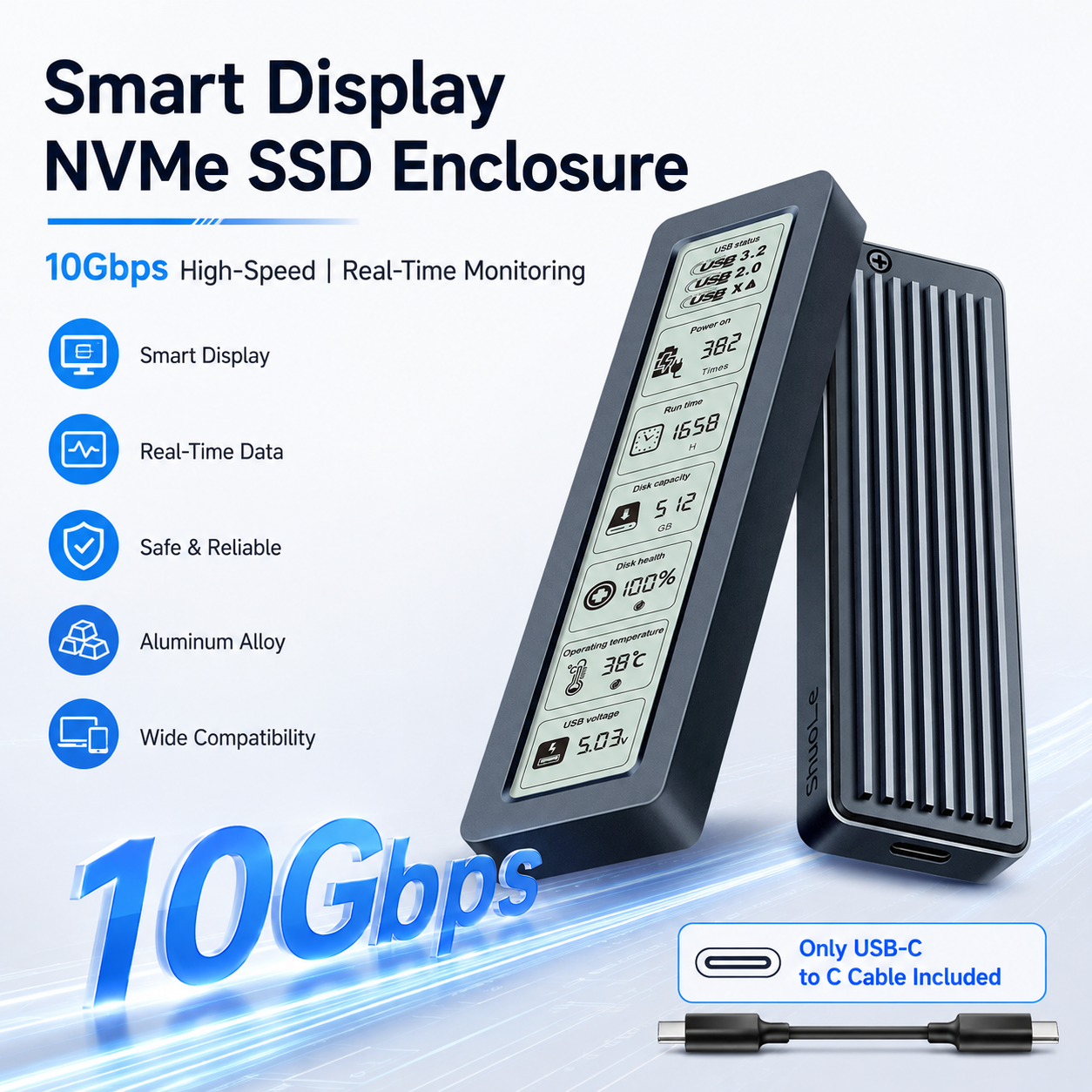 Meenova 10Gbps Smart Display NVMe M.2 SSD Enclosure – USB 3.2 Gen 2, UASP & TRIM, Aluminum Cooling, 2230/2242/2260/2280