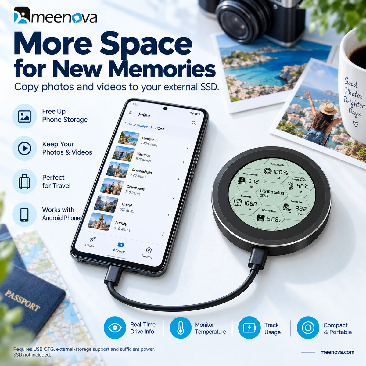 Meenova 10Gbps Smart Display M.2 NVMe SSD Enclosure for 2230/2242 – USB 3.2 Gen 2, Real-Time Drive Monitoring, Aluminum Cooling