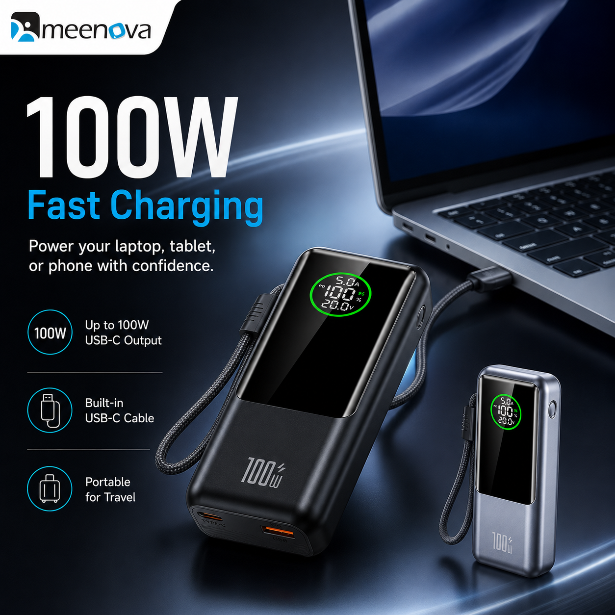 Meenova A57 100W USB-C Power Bank with Built-in Cable & LED Display 2,0000mAh – Multi-Port Fast Charger for Laptop, Tablet & Phone