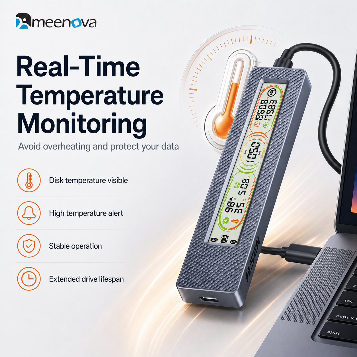 Meenova Smart Display M.2 SSD Enclosure – 10Gbps USB 3.2 Gen 2, Real-Time Health, Speed, Temperature & Voltage Monitor, NVMe / NVMe SATA