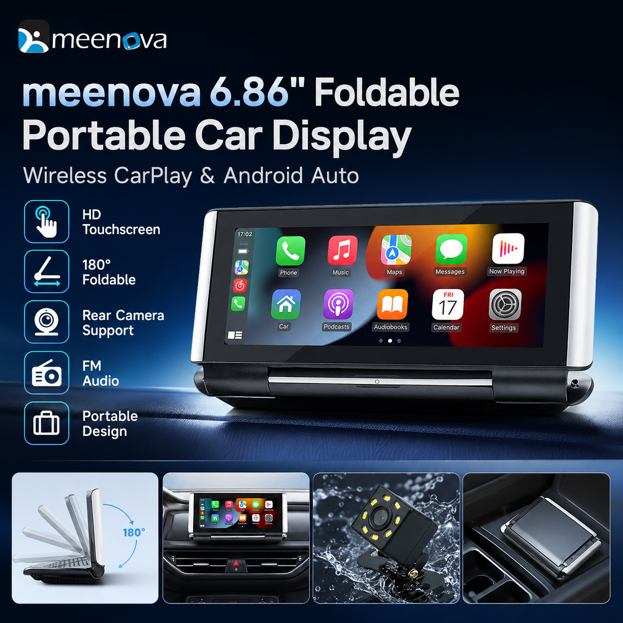 Meenova Flip Out Screen Car Stereo 7 Inch Wireless CarPlay Android Auto Mirrorlink FM Transmitter Bluetooth Reversing Camera B5370