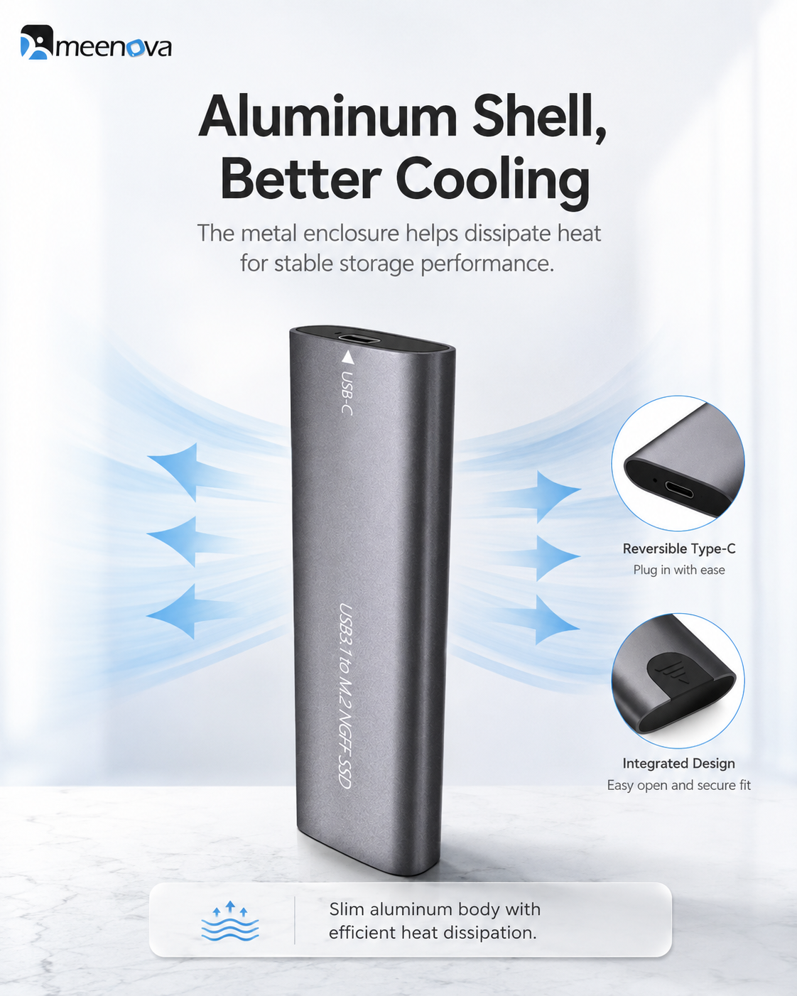Meenova Tool-Free USB-C M.2 SSD Enclosure – Aluminum External Case for NGFF SATA or NVMe SSD