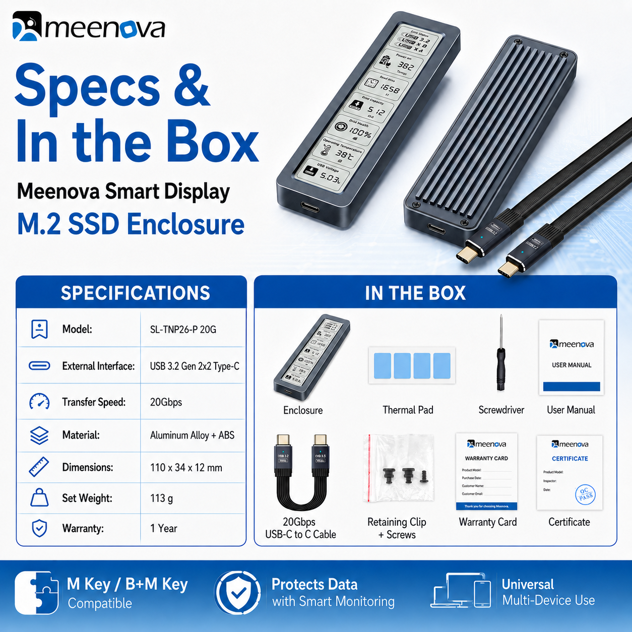Meenova 20Gbps Smart Display M.2 NVMe/SATA SSD Enclosure – USB 3.2 Gen 2x2 Type-C, 2230/2242/2260/2280, Real-Time Drive Monitoring