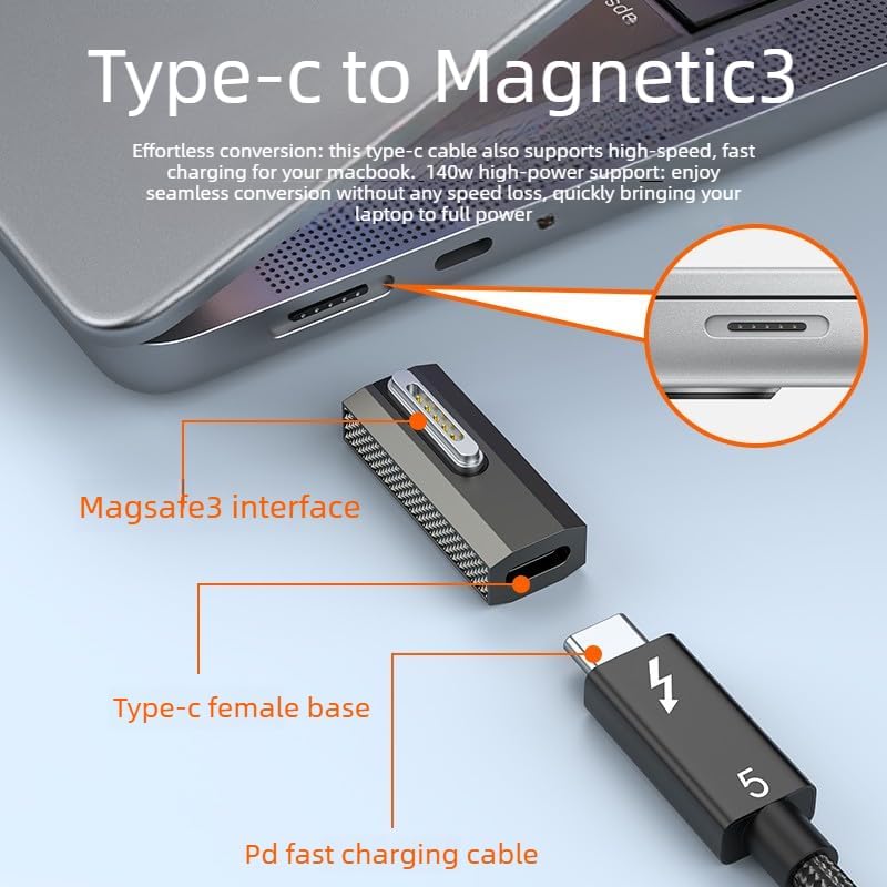 140W USB-C to MagSafe 3 Adapter, PD3.1 Fast Charging 90° Middle Bend Gray Zinc Alloy Converter Type-C to Magnetic 3 for Pro 16"/14" (2025-2021) Air 15"/13" (2025-2022), M1/M2/M3//M4/M5 Series