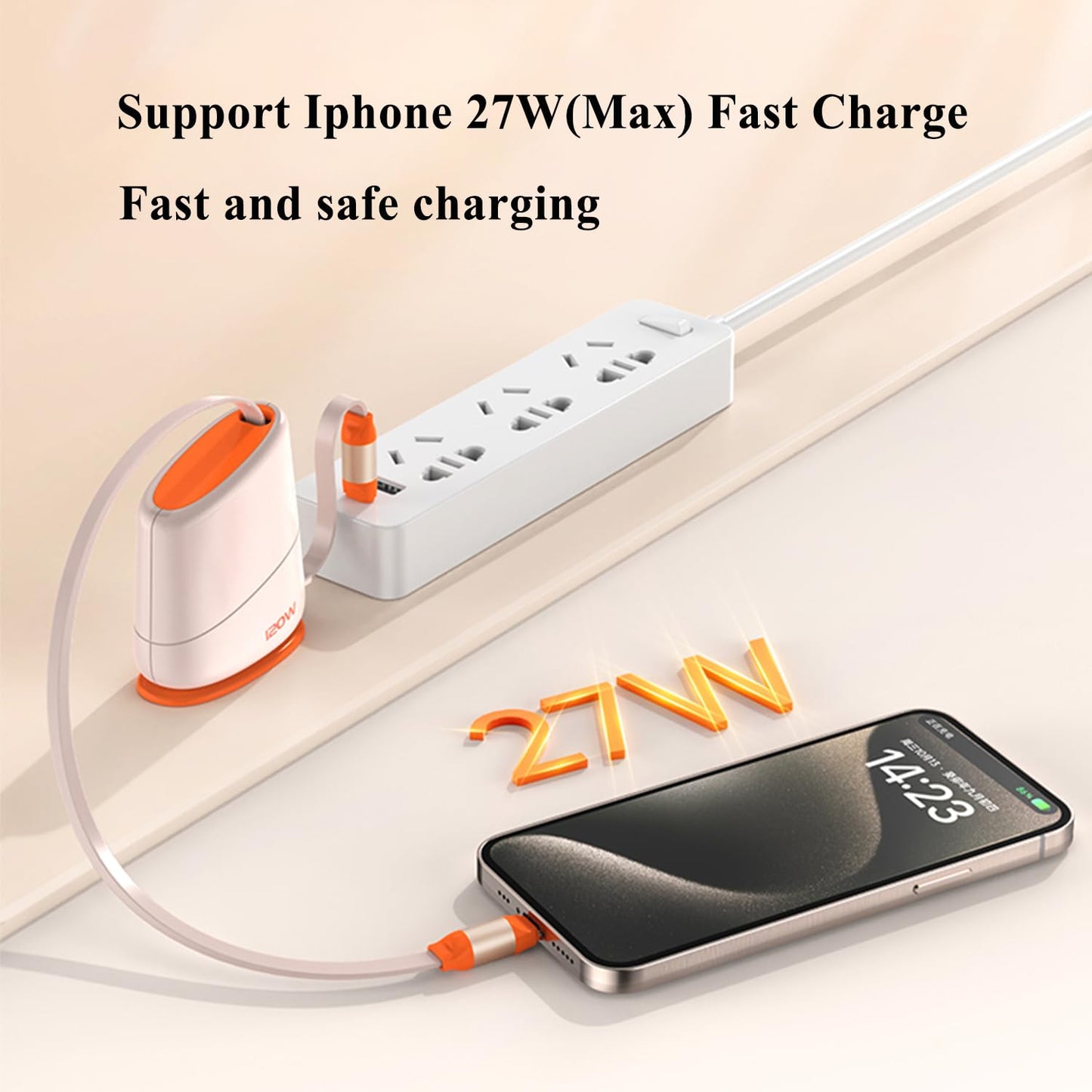 USB C to iPhone Ports 120W Fast Charging Cord Telescopic Data Transfer Charging Adapter on Table/Desktop/Office with Adhesive for iPhone/Airpod 4Ft/1.2m, Orange C-L 30W 2.5a
