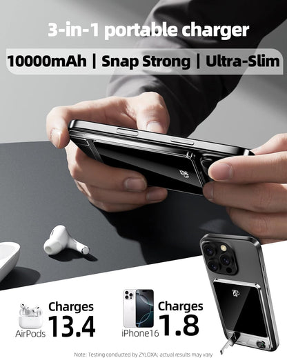 3 in 1 for MagSafe Power Bank 10000mAh 20W PD Fast Charging Wireless Magnetic Portable Charger,Foldable Stand & LED Display Battery Pack Compatible for iPhone 18/17/16/15/14/13/12 Series (10000mAh)