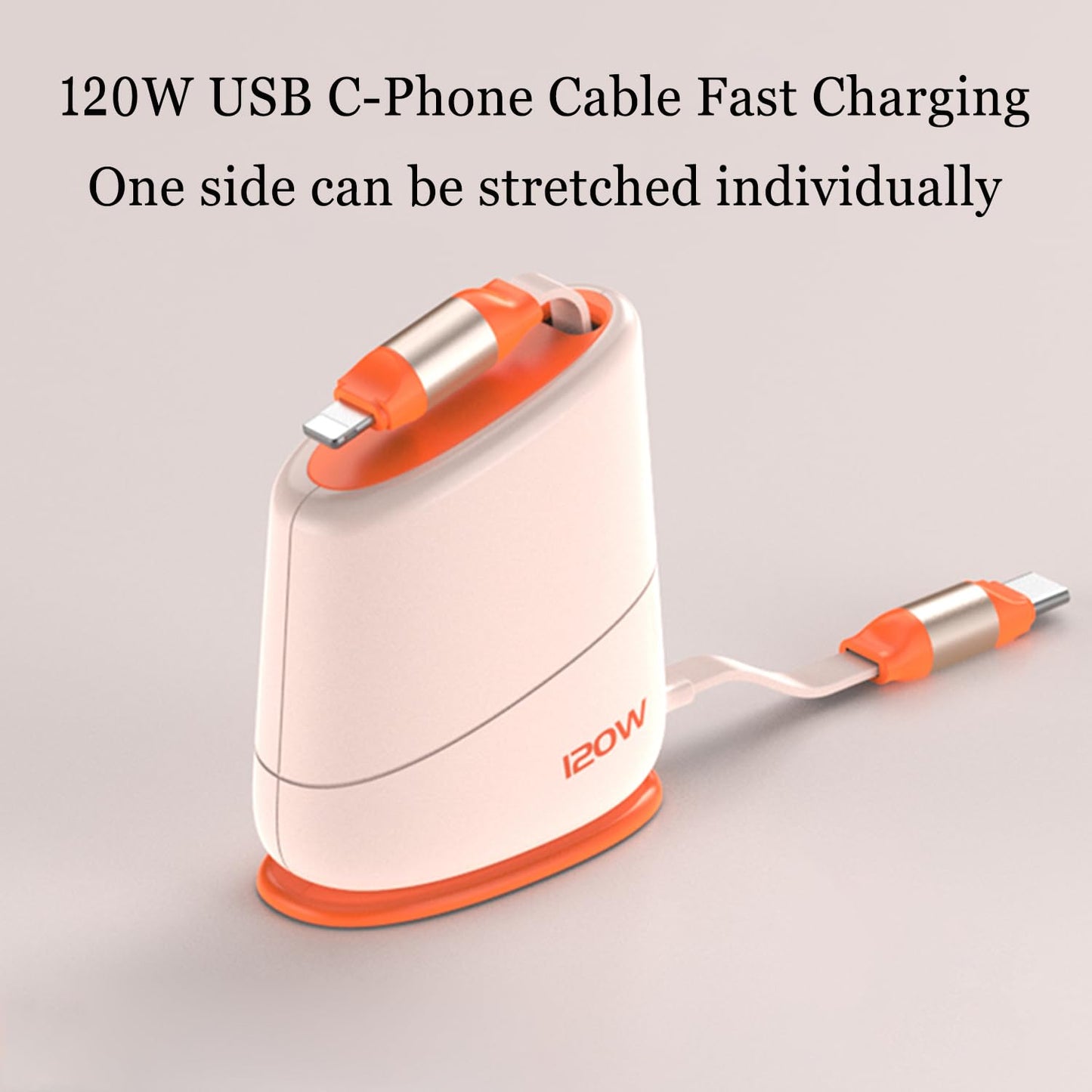 USB C to iPhone Ports 120W Fast Charging Cord Telescopic Data Transfer Charging Adapter on Table/Desktop/Office with Adhesive for iPhone/Airpod 4Ft/1.2m, Orange C-L 30W 2.5a