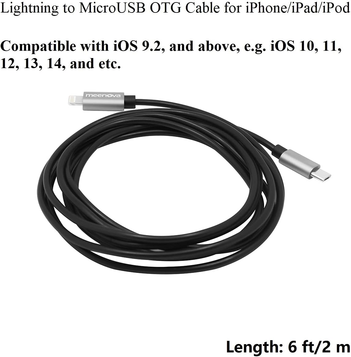 Ultra Tough & Durable Lightning to MicroUSB OTG Pro Cable 2m 6ft for Blue Yeti X Microphone, iPhone 13 Pro Max Mini,11,12, HiFi Oppo HA2 K5
