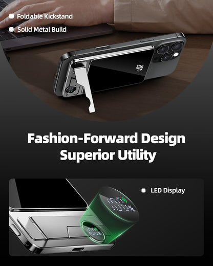 3 in 1 for MagSafe Power Bank 10000mAh 20W PD Fast Charging Wireless Magnetic Portable Charger,Foldable Stand & LED Display Battery Pack Compatible for iPhone 18/17/16/15/14/13/12 Series (10000mAh)