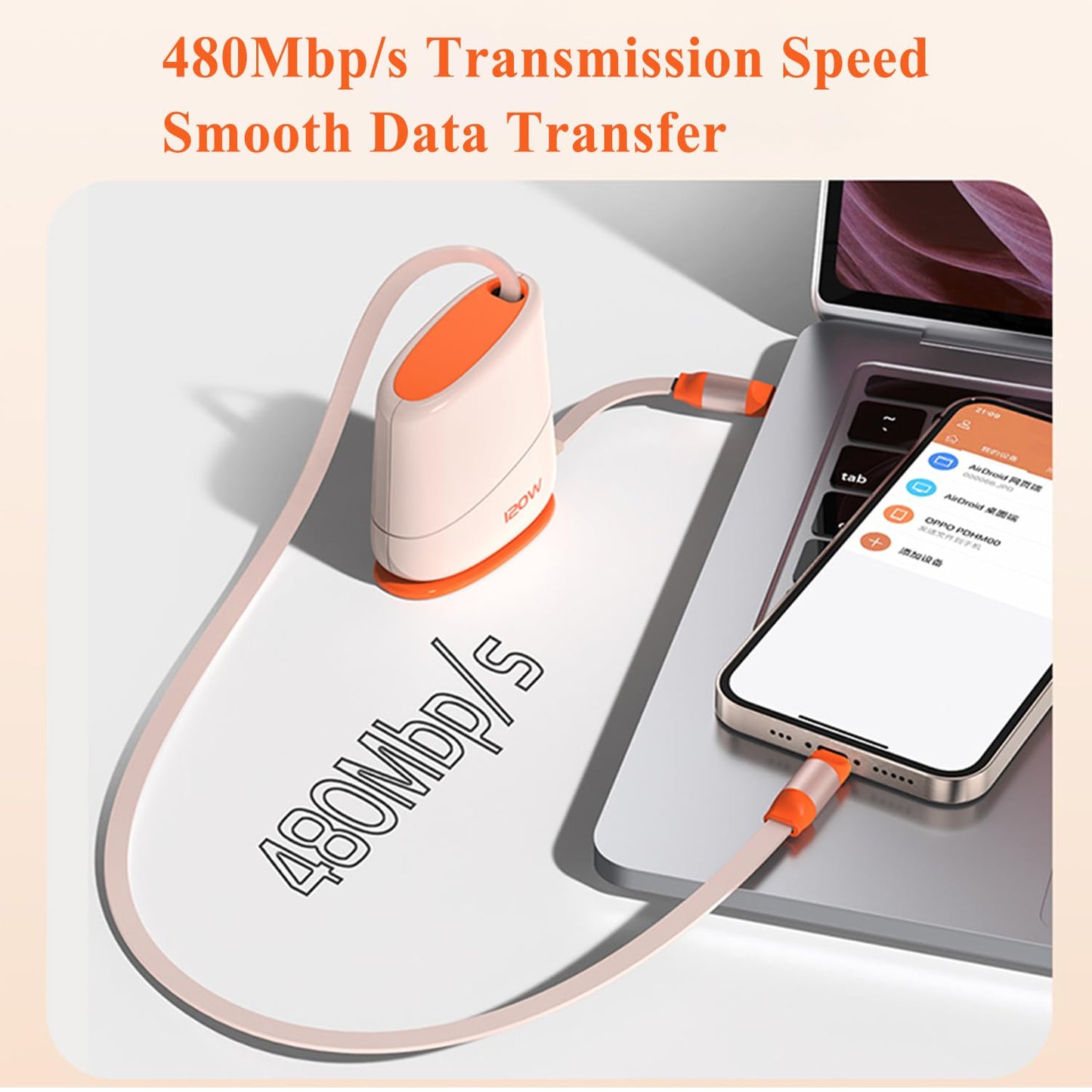 USB C to iPhone Ports 120W Fast Charging Cord Telescopic Data Transfer Charging Adapter on Table/Desktop/Office with Adhesive for iPhone/Airpod 4Ft/1.2m, Orange C-L 30W 2.5a