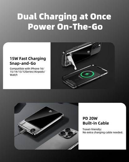 3 in 1 for MagSafe Power Bank 10000mAh 20W PD Fast Charging Wireless Magnetic Portable Charger,Foldable Stand & LED Display Battery Pack Compatible for iPhone 18/17/16/15/14/13/12 Series (10000mAh)