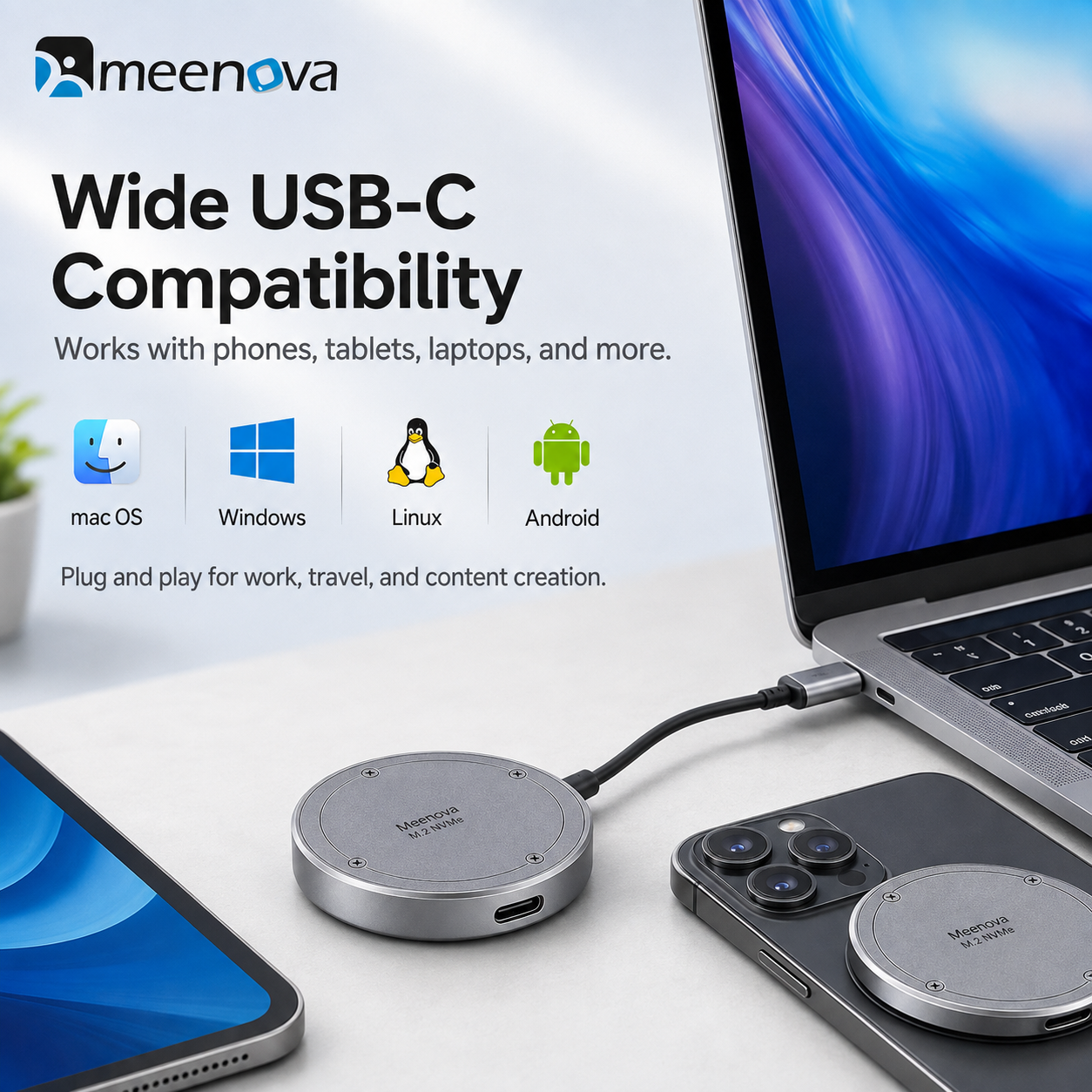 Meenova M.2 NVMe Magnetic SSD Enclosure – 10Gbps USB-C, 2230/2242 SSD, Up to 2TB