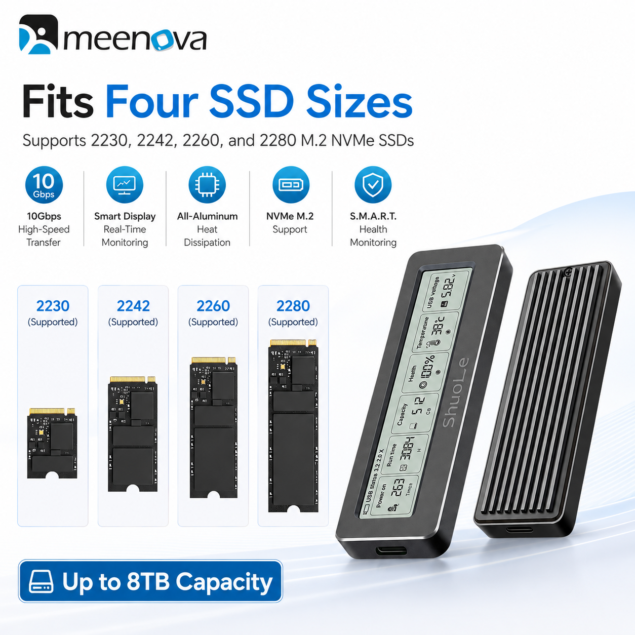 Meenova Smart Display M.2 NVMe SSD Enclosure, USB 3.2 Gen 2 10Gbps, All-Aluminum, M-Key & B+M Key, 2230/2242/2260/2280, Up to 8TB