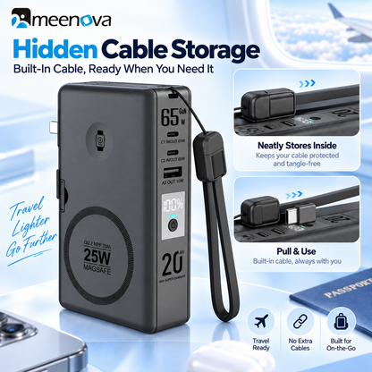 Meenova SolidPower T20 6-in-1 Qi2 MagSafe 25W Power Bank & 65W GaN Travel Charger, 20,000mAh Magnetic Solid-State Battery