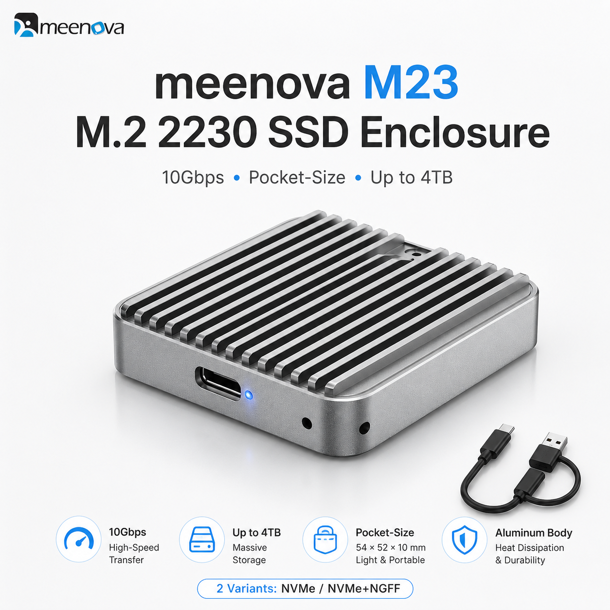 meenova M23 M.2 2230 SSD Enclosure – 10Gbps USB 3.2 Gen 2, NVMe / NVMe + SATA NGFF, Aluminum External SSD Case, Up to 4TB