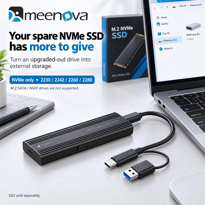 Meenova 10Gbps M.2 NVMe SSD Enclosure with C-C-A Cable – USB 3.2 Gen 2 Type-C Tool-Free Aluminum Case