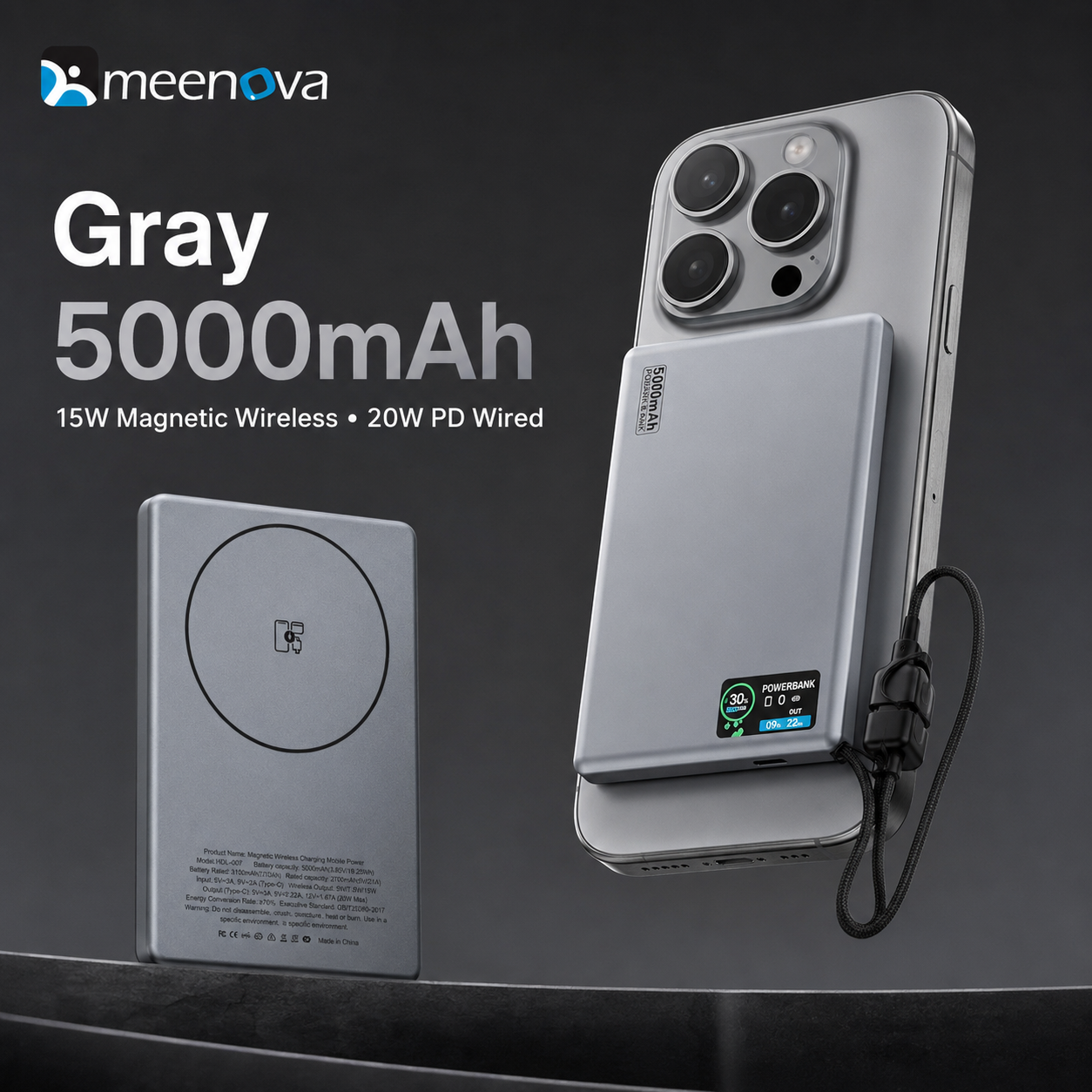 Meenova HDL-007 Ultra-Slim Magnetic Power Bank with Built-in USB-C Lanyard Cable, 15W Wireless Charging, 20W PD & TFT Display